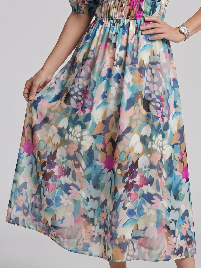 Paula | Vestido midi con mangas abullonadas y escote de pico