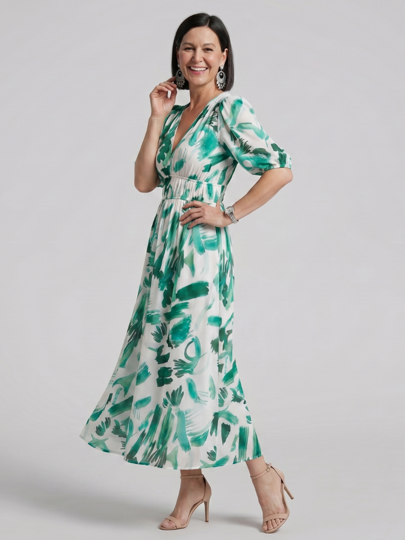 Paula | Vestido midi con mangas abullonadas y escote de pico