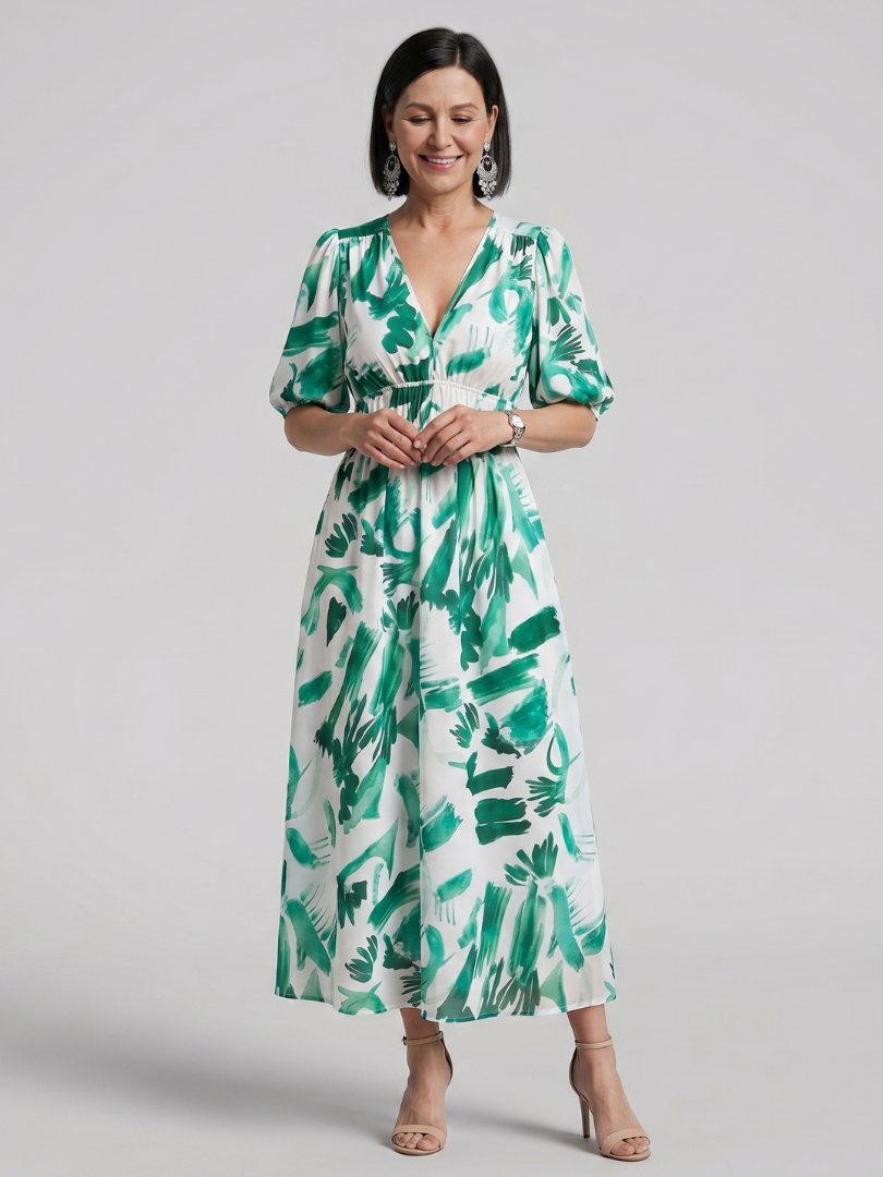 Paula | Vestido midi con mangas abullonadas y escote de pico