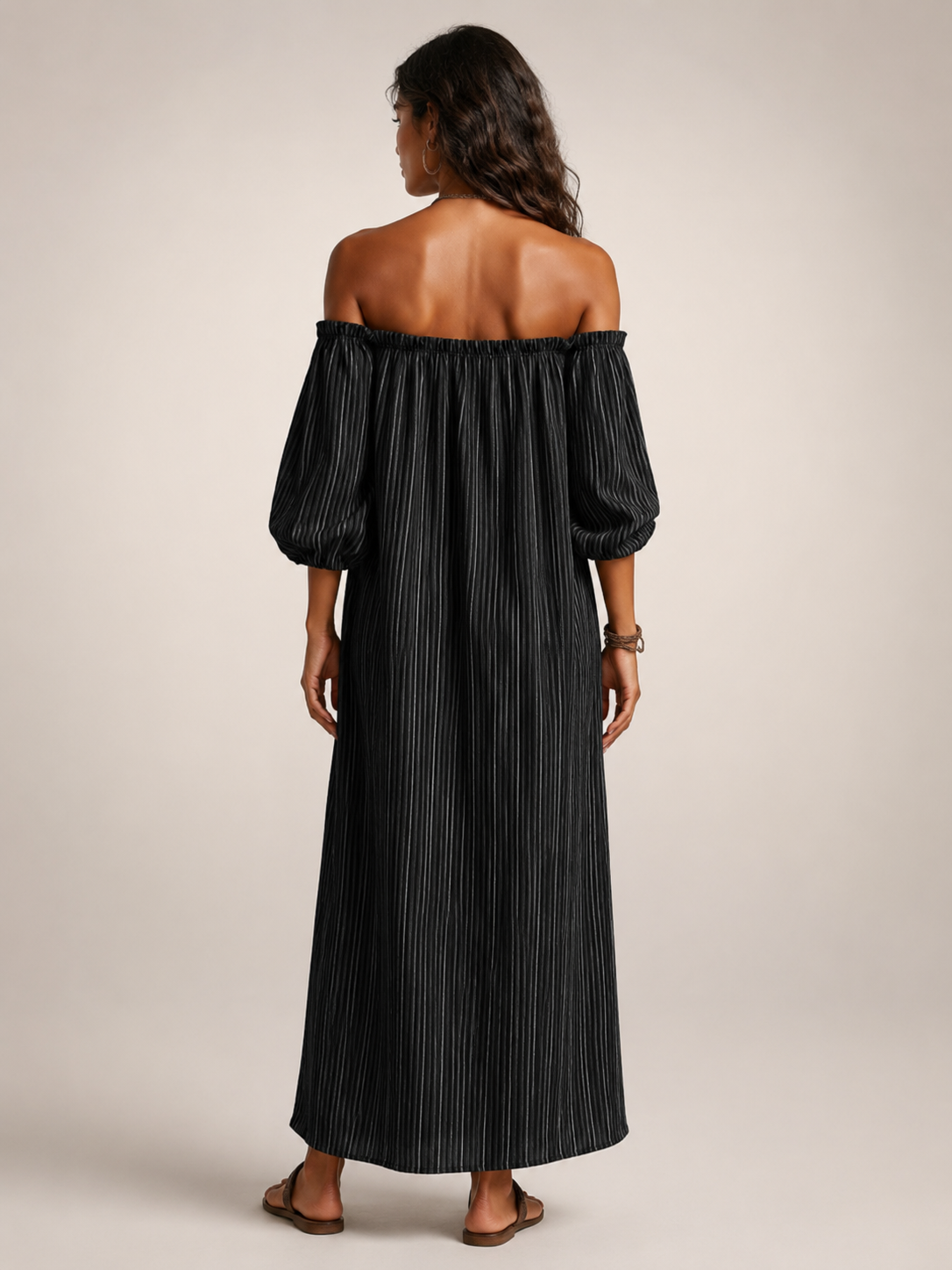 Sieglinde | Vestido maxi off-shoulder de mezcla de lino con mangas largas