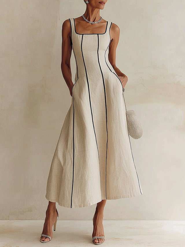 Camille | Vestido largo de lino a rayas con ribete negro