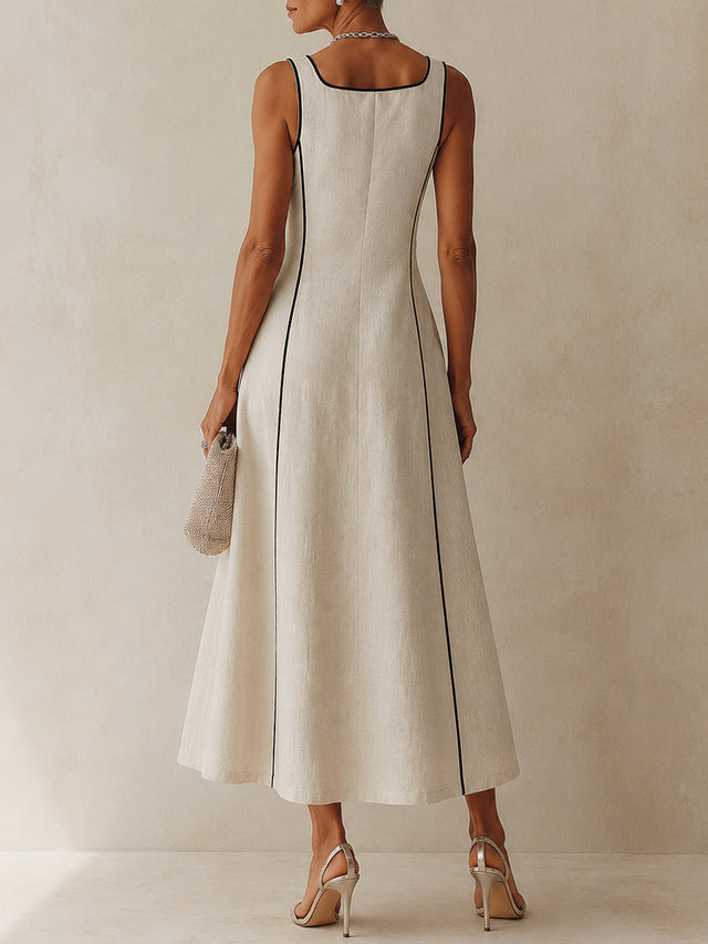 Camille | Vestido largo de lino a rayas con ribete negro