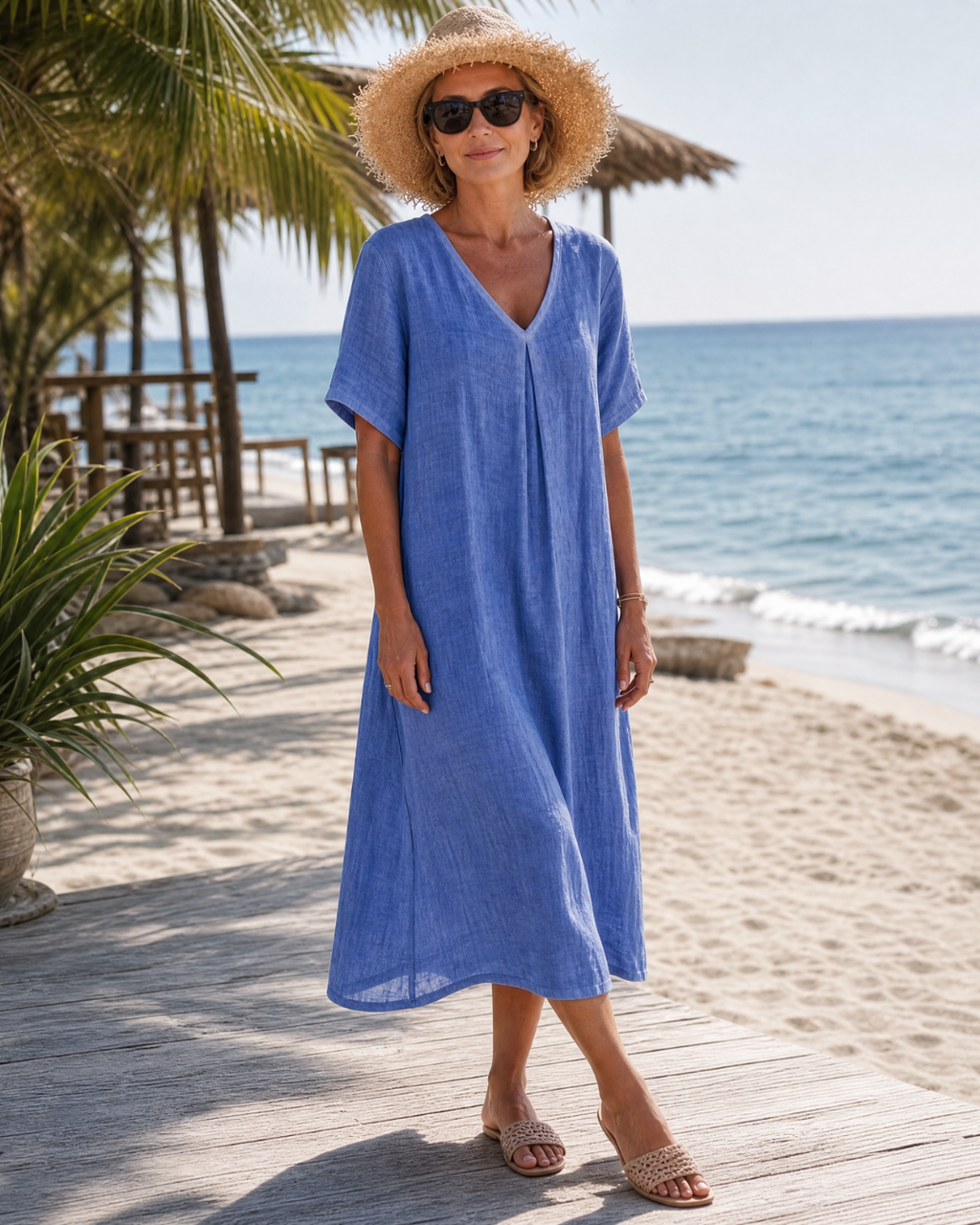 Romy | Vestido midi informal de mezcla de algodón con escote en V