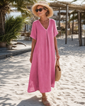 Romy | Vestido midi informal de mezcla de algodón con escote en V