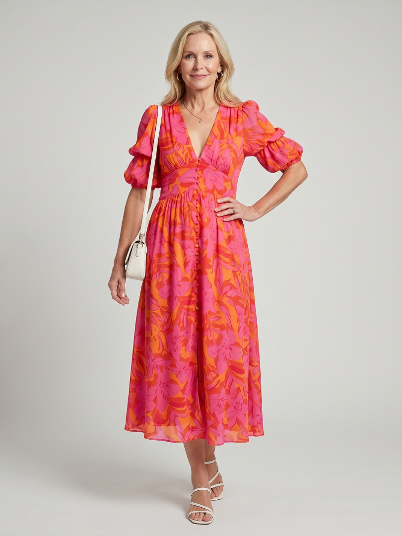Petra | Vestido midi con mangas abullonadas y estampado floral