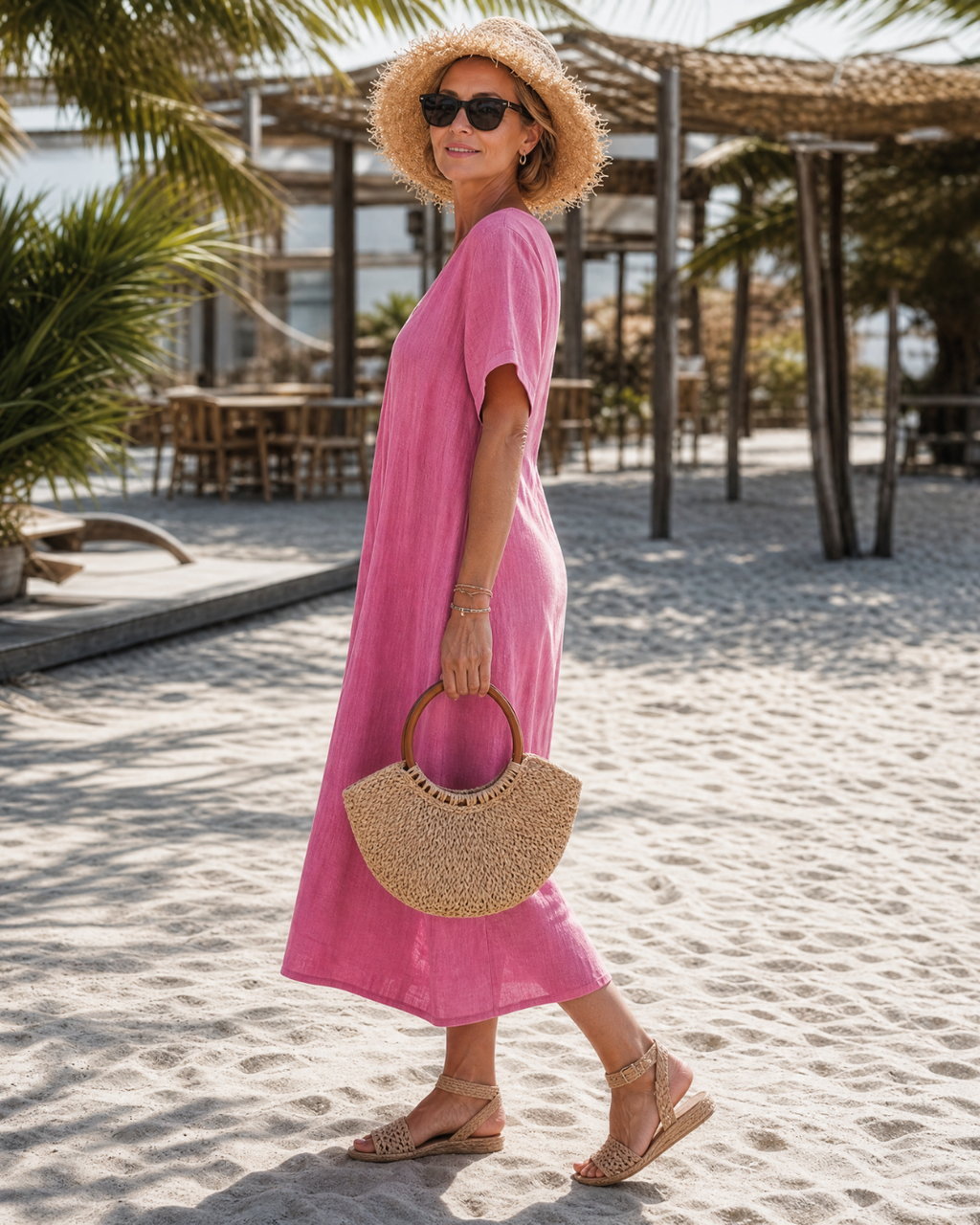 Romy | Vestido midi informal de mezcla de algodón con escote en V