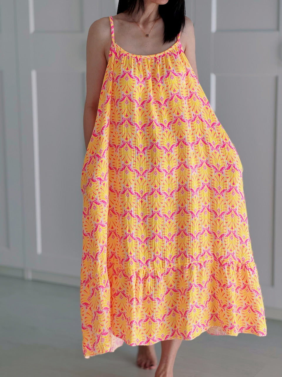 Vestido de Verano de Muselina, Hojas de Palmera, 2 colores
