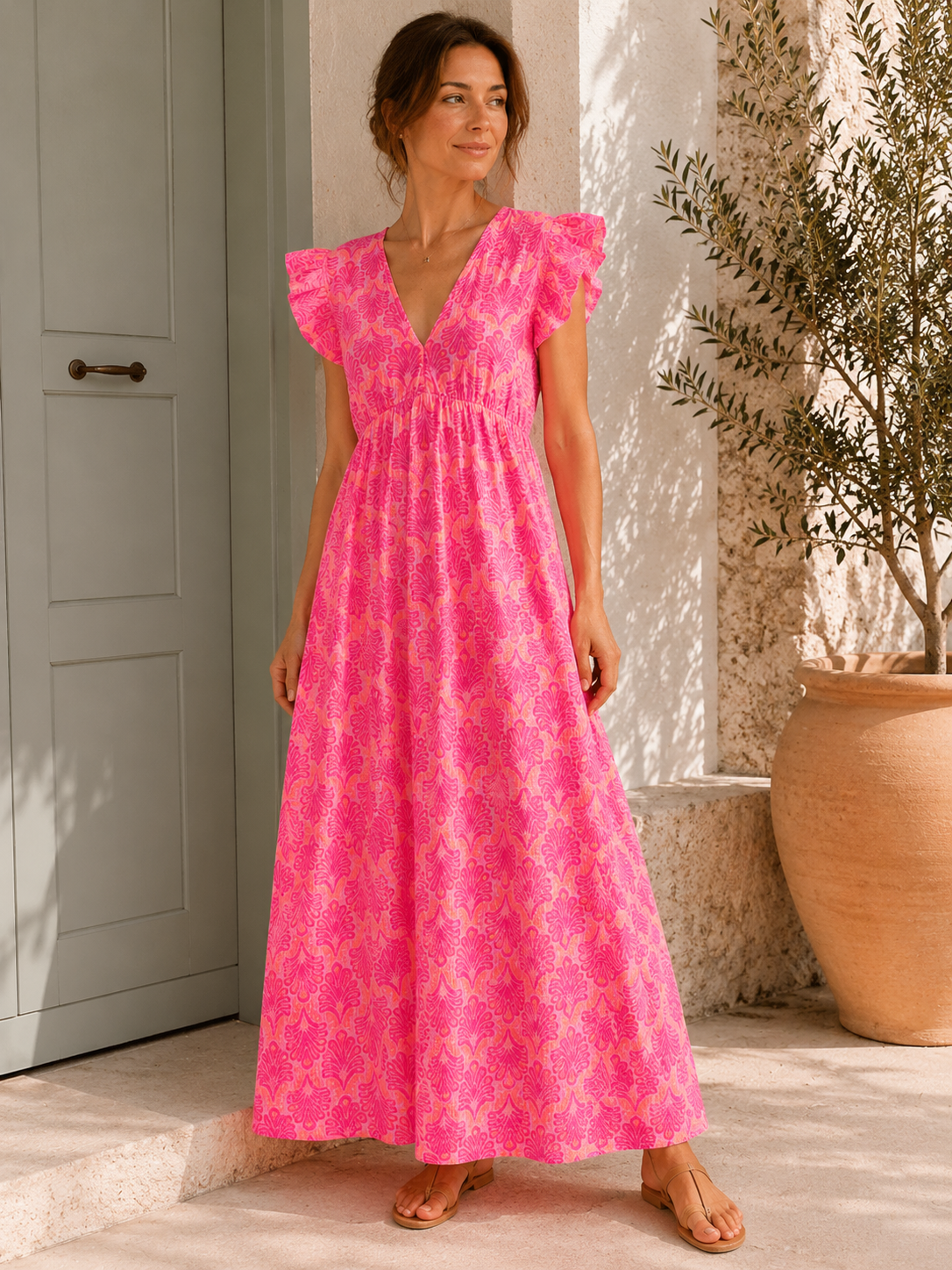 Vestido de Muselina, Espalda Descubierta, sin Mangas, Hojas de Palmera, 3 colores