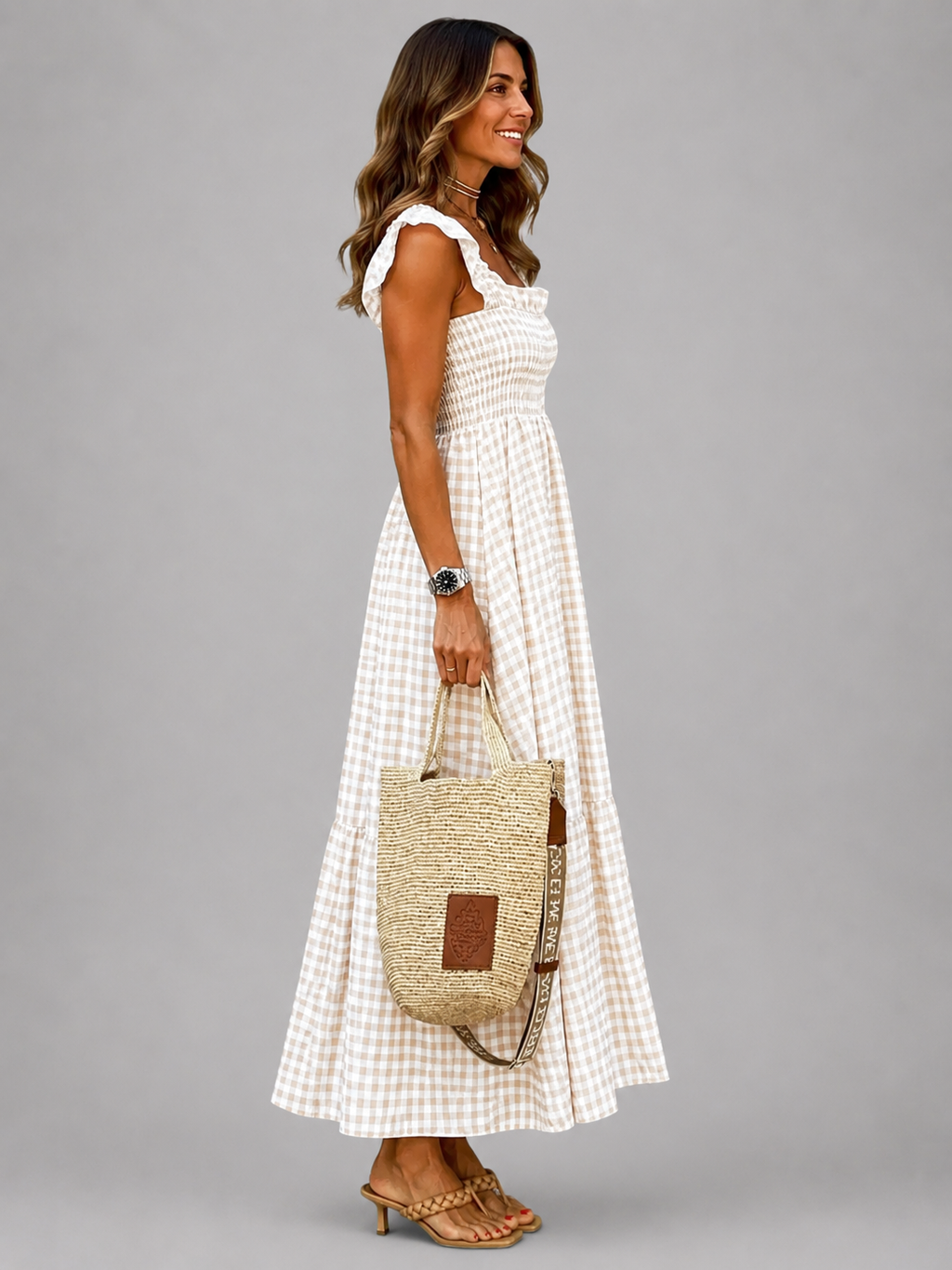 Helena | Vestido maxi de cuadros con canesú fruncido
