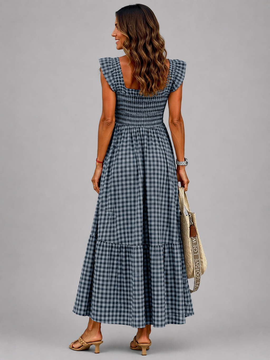Helena | Vestido maxi de cuadros con canesú fruncido