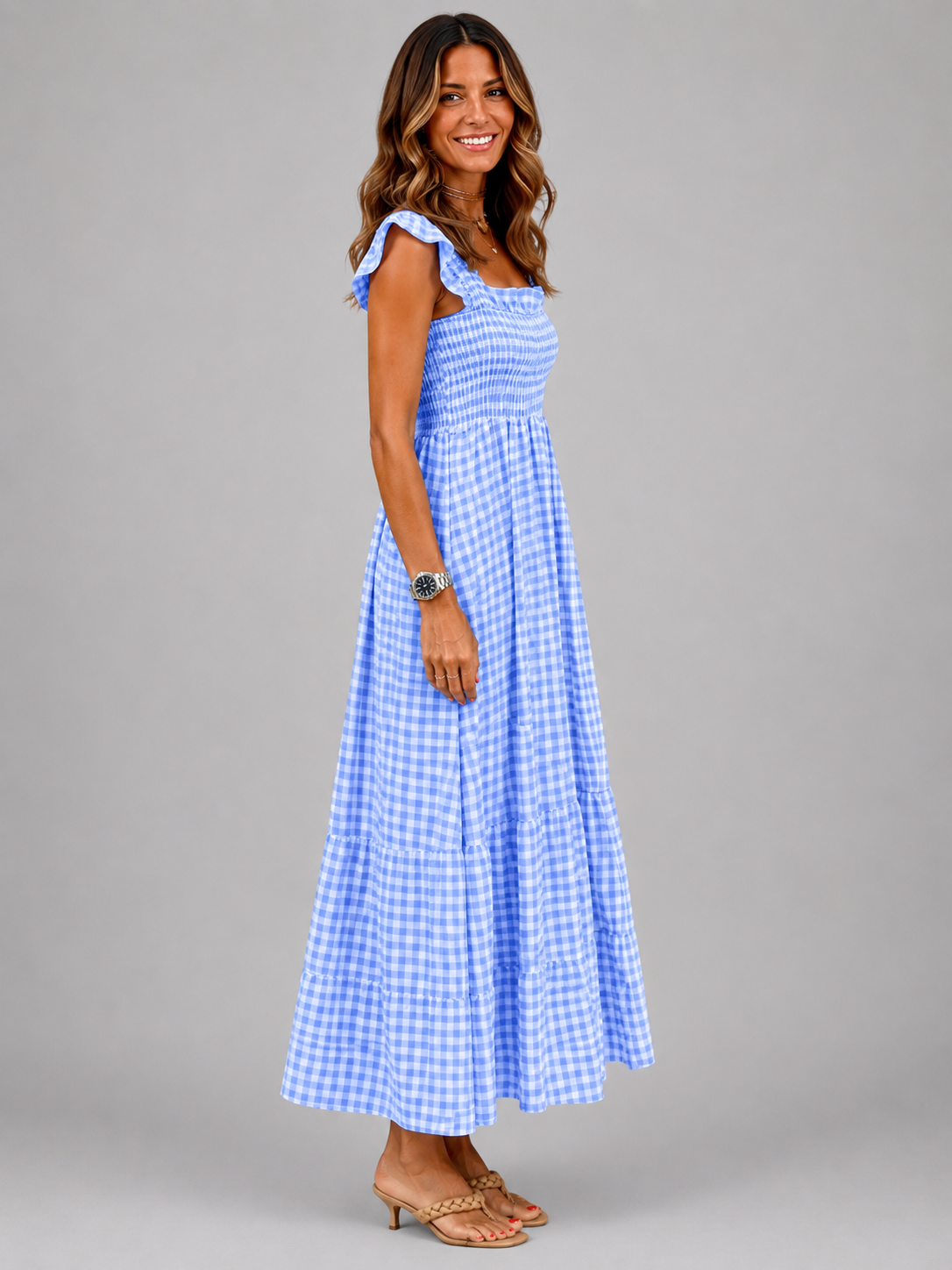 Helena | Vestido maxi de cuadros con canesú fruncido