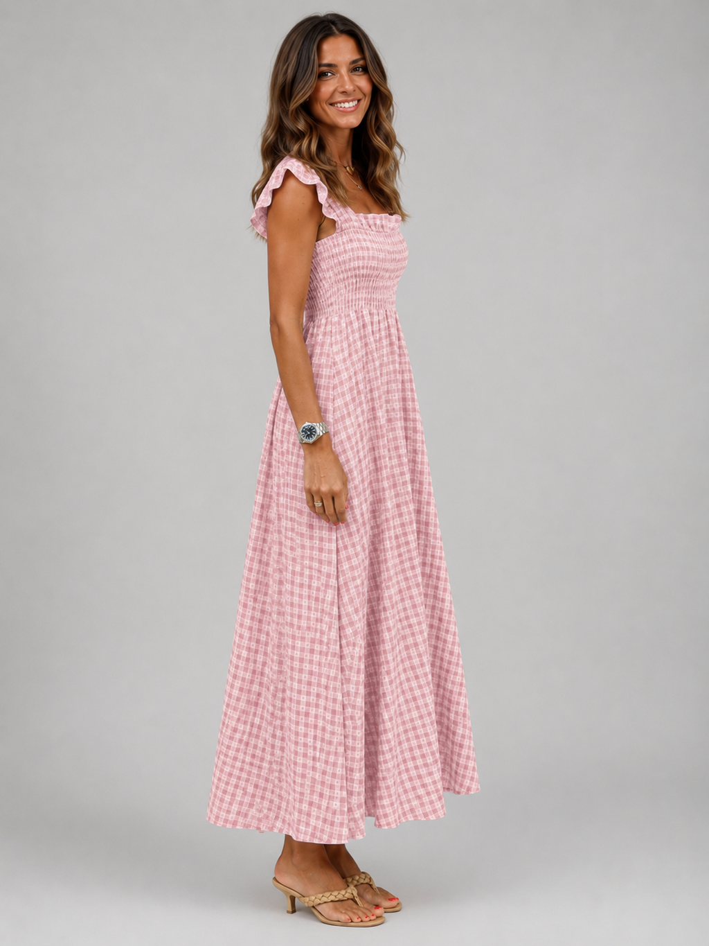 Helena | Vestido maxi de cuadros con canesú fruncido
