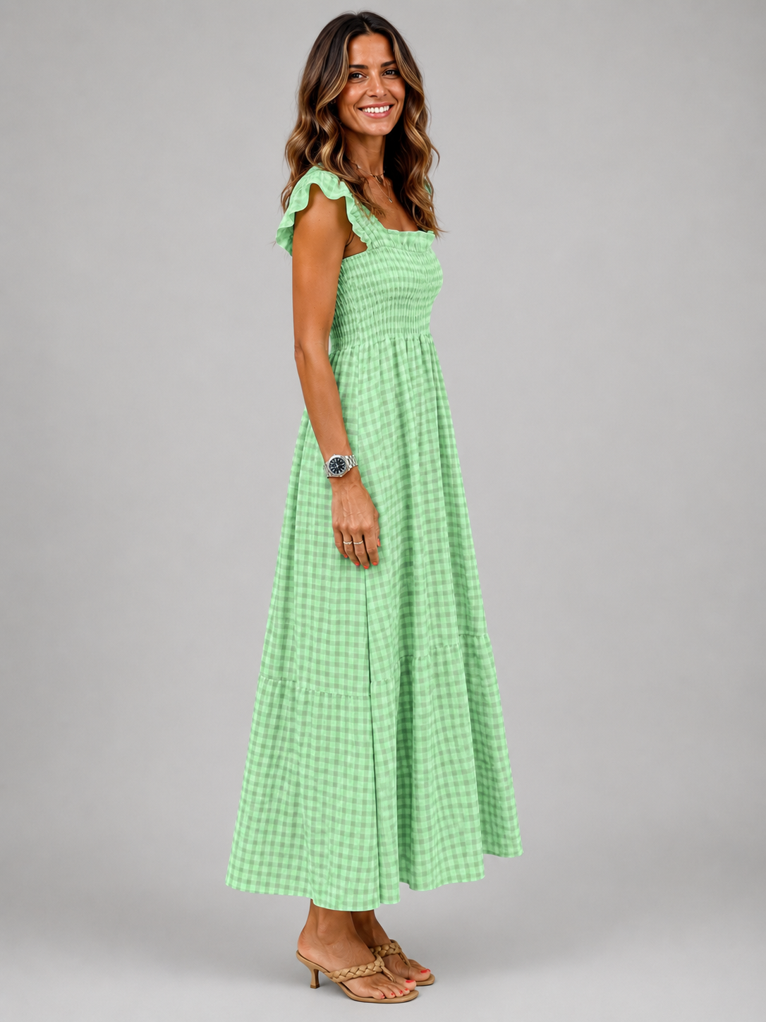 Helena | Vestido maxi de cuadros con canesú fruncido