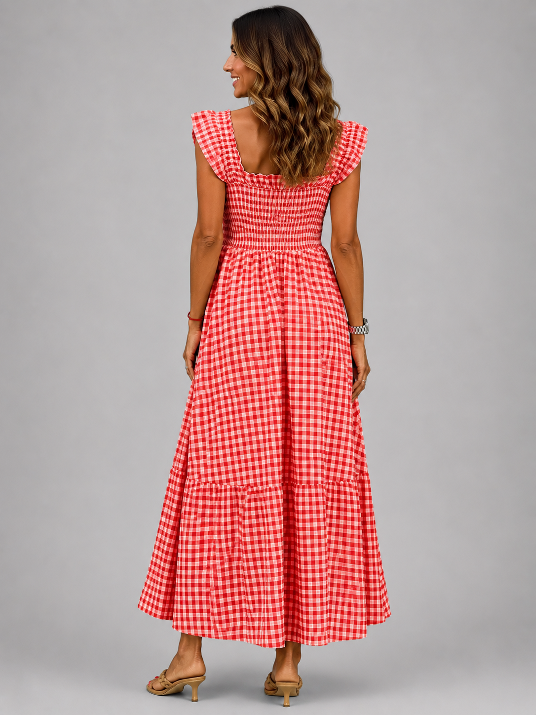 Helena | Vestido maxi de cuadros con canesú fruncido