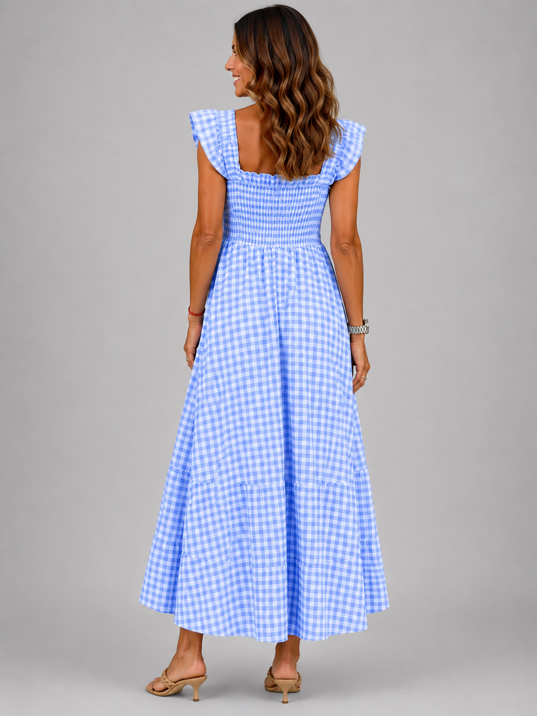 Helena | Vestido maxi de cuadros con canesú fruncido