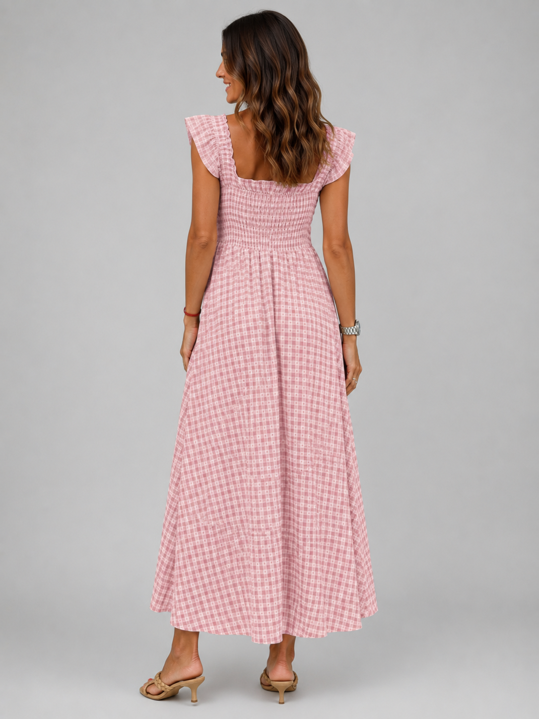 Helena | Vestido maxi de cuadros con canesú fruncido