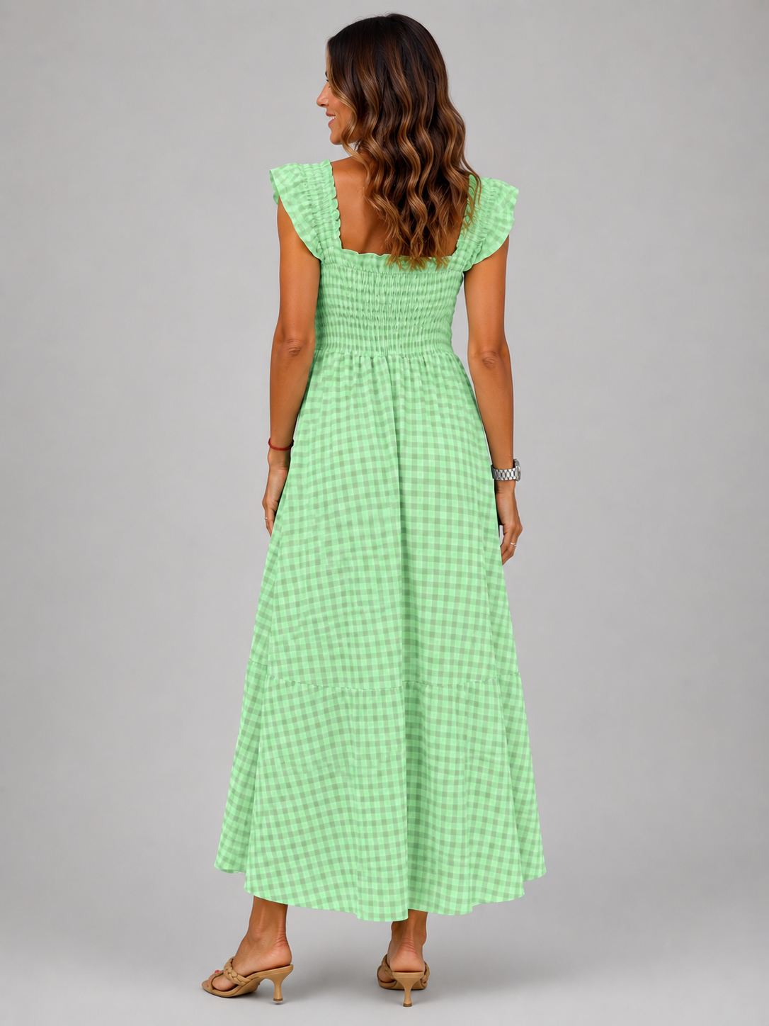 Helena | Vestido maxi de cuadros con canesú fruncido