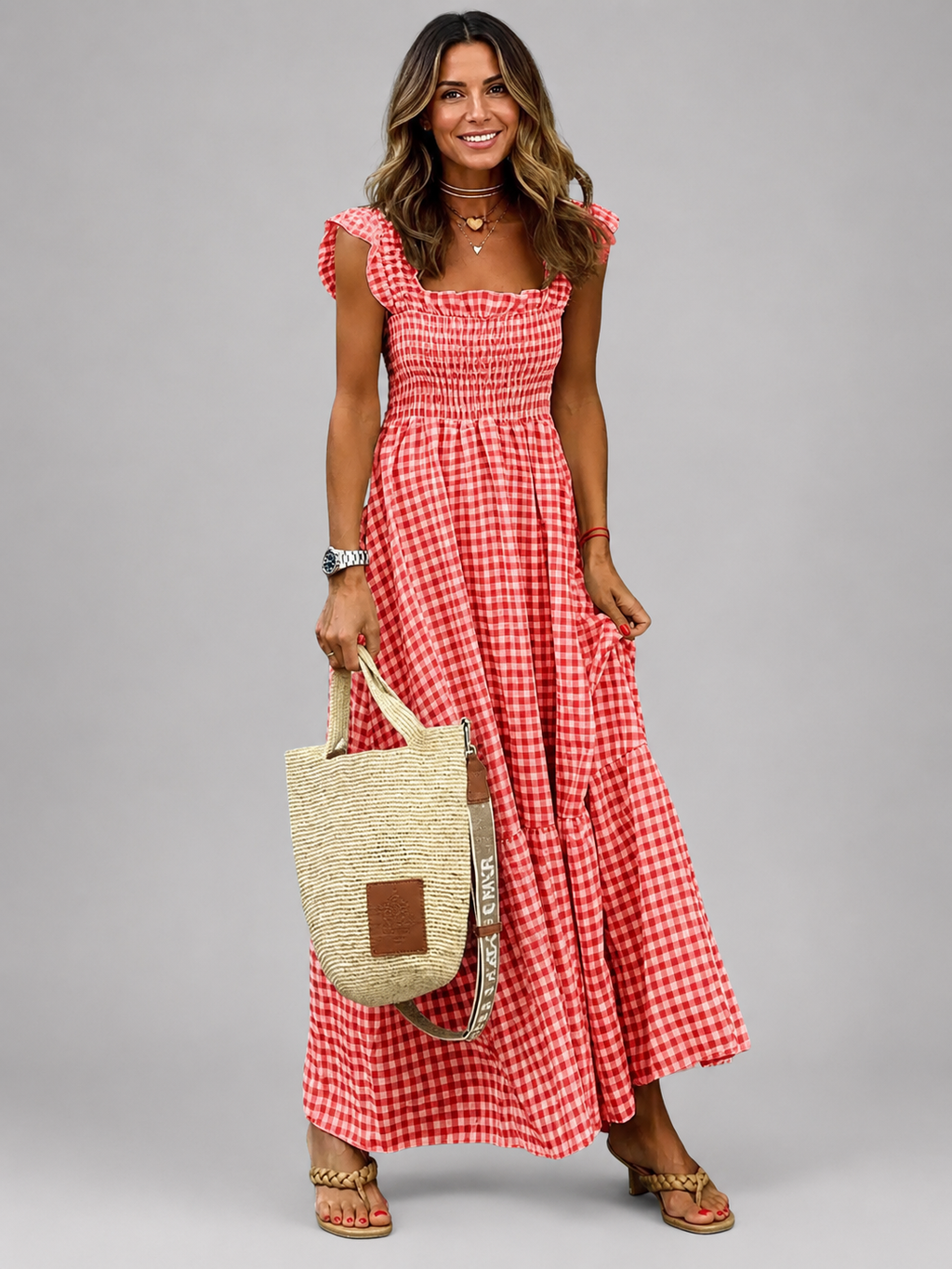 Helena | Vestido maxi de cuadros con canesú fruncido