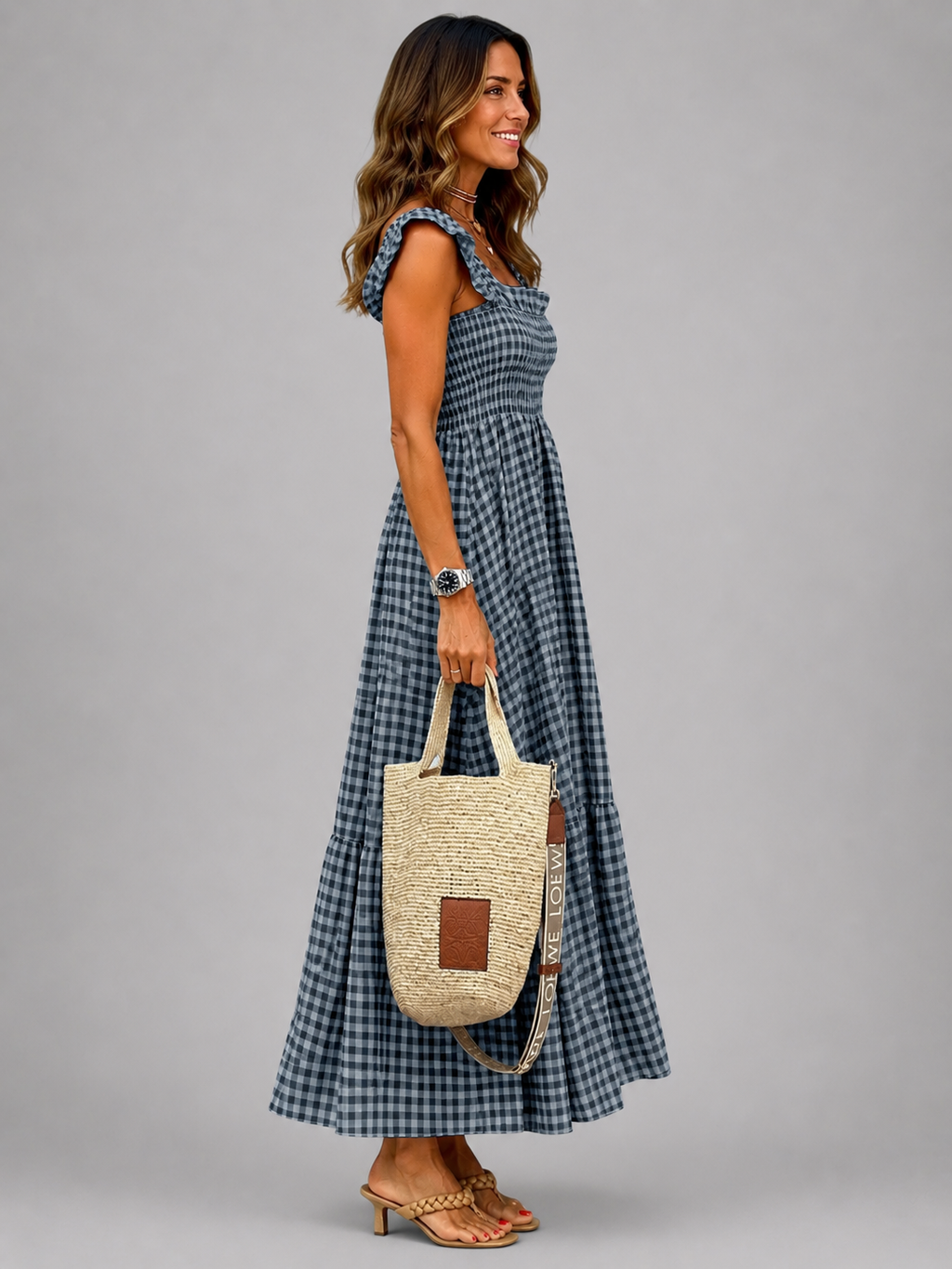 Helena | Vestido maxi de cuadros con canesú fruncido