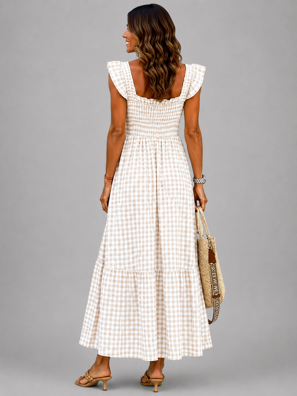 Helena | Vestido maxi de cuadros con canesú fruncido