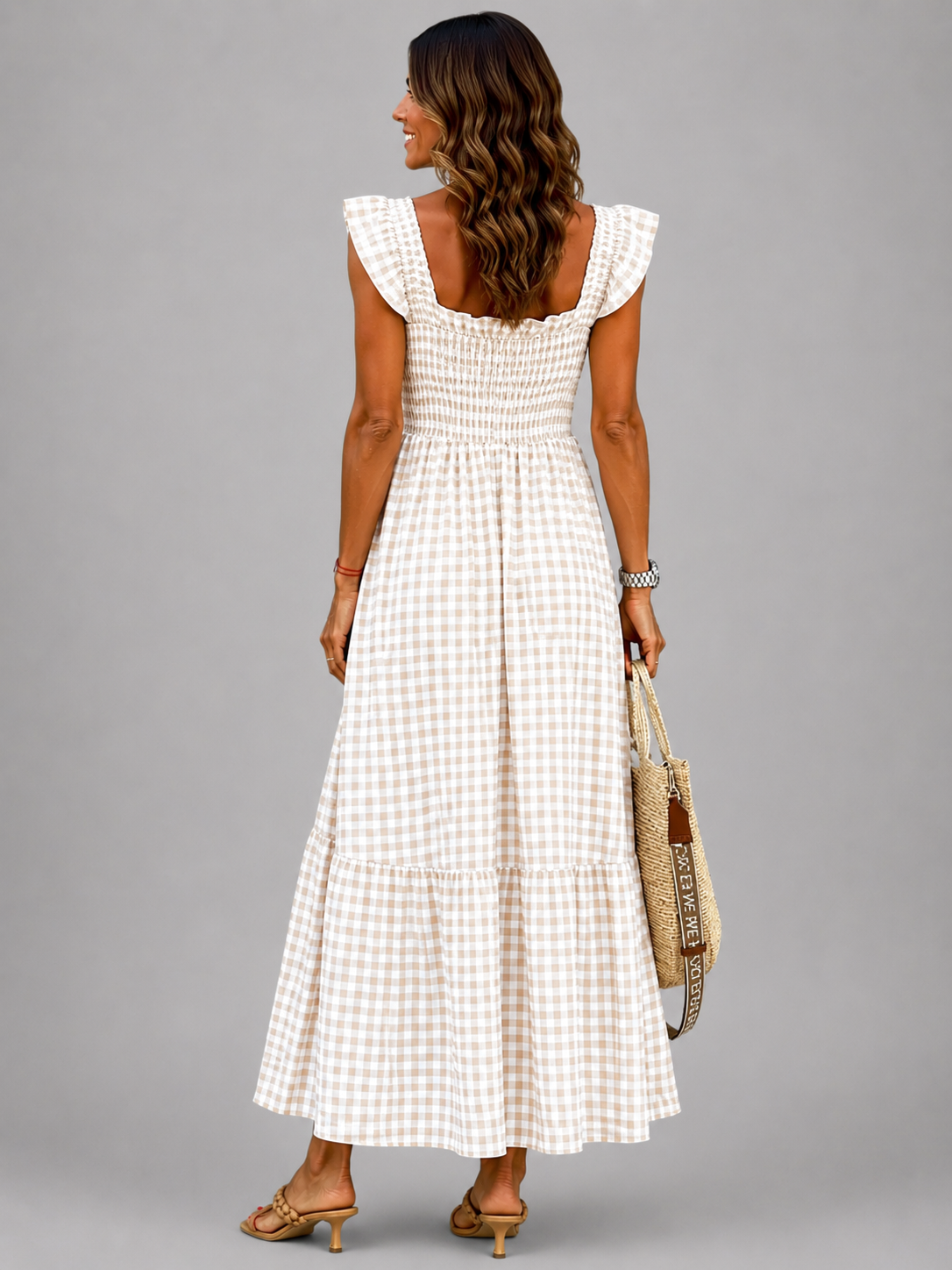 Helena | Vestido maxi de cuadros con canesú fruncido