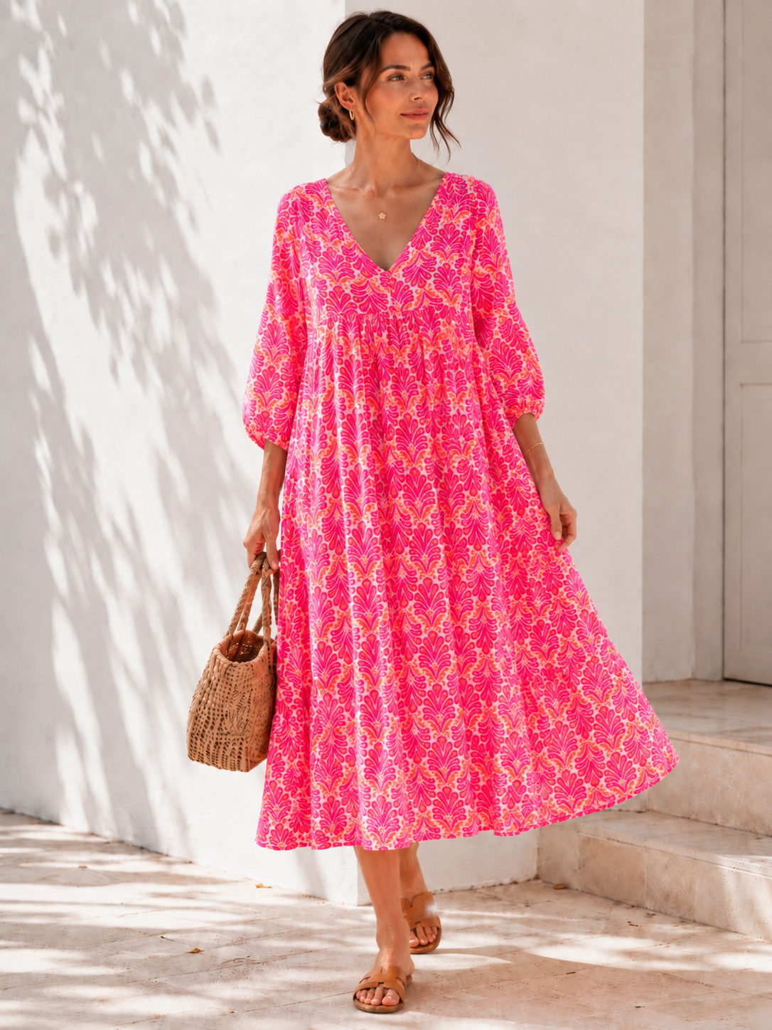 Vestido de Muselina, Clásico, Hojas de Palmera, 2 colores