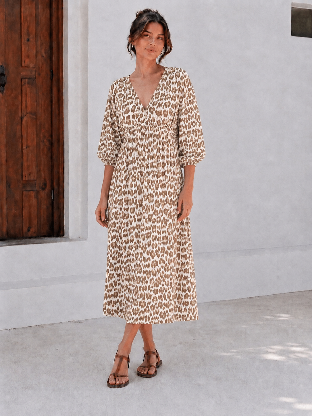 Vestido de Muselina, Espalda Descubierta, Beige-Leopardo