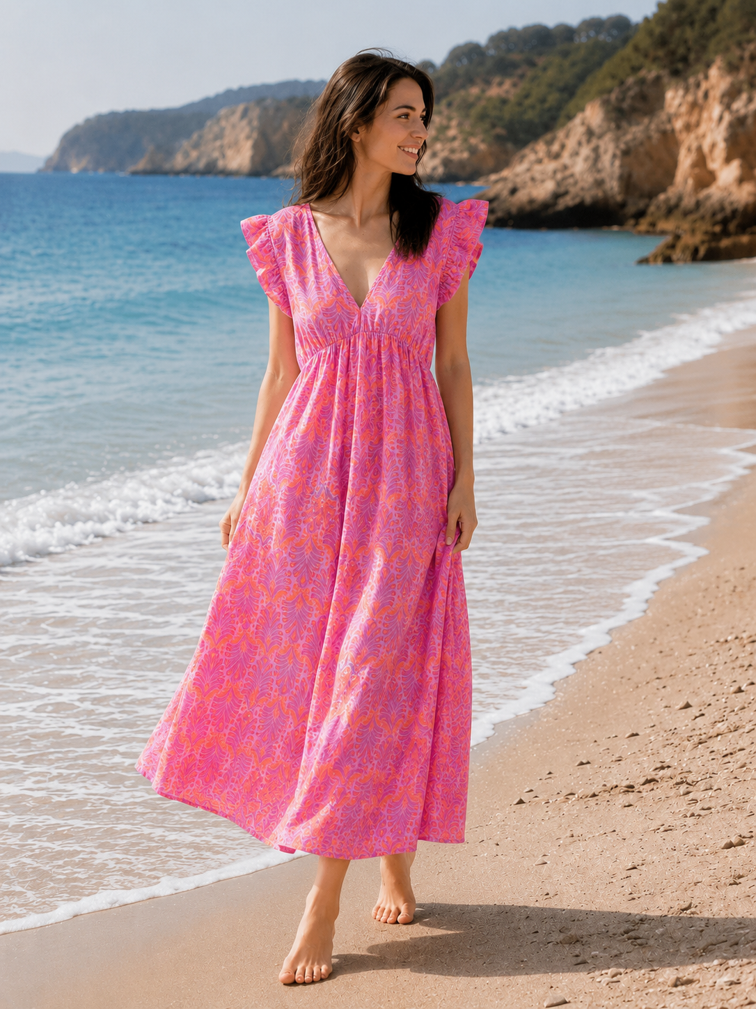 Vestido de Muselina, Espalda Descubierta, sin Mangas, Hojas de Palmera, 3 colores