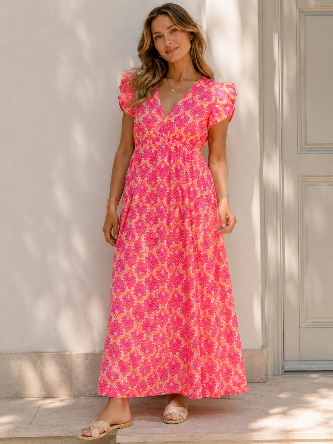 Vestido de Muselina, Espalda Descubierta, sin Mangas, Hojas de Palmera, 3 colores