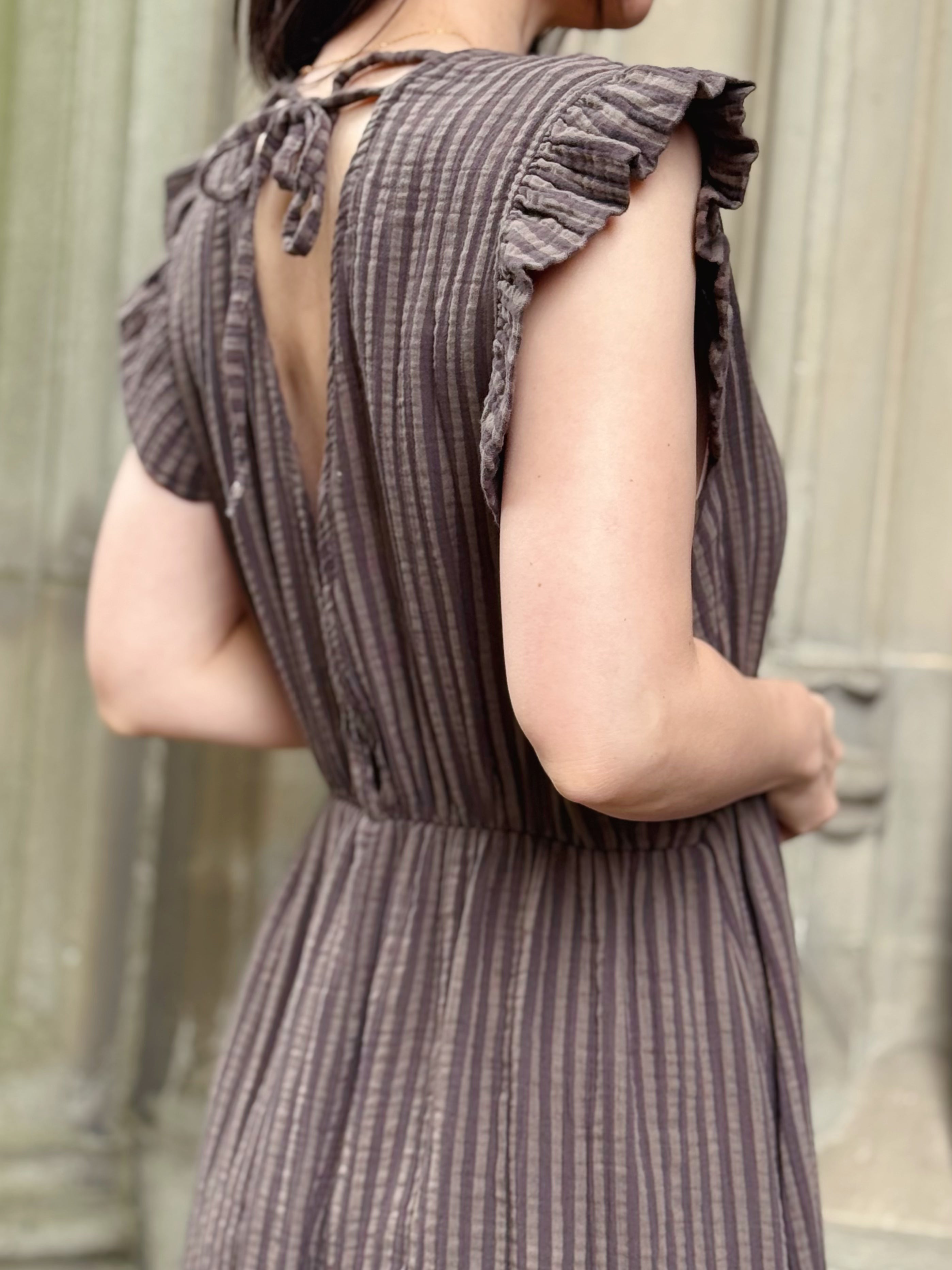 Vestido de Muselina, Escote en la Espalda, sin Mangas, Chocolate a Rayas