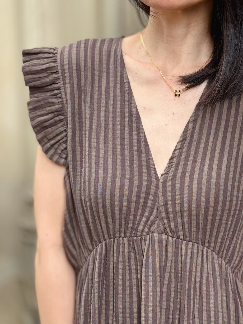 Vestido de Muselina, Escote en la Espalda, sin Mangas, Chocolate a Rayas