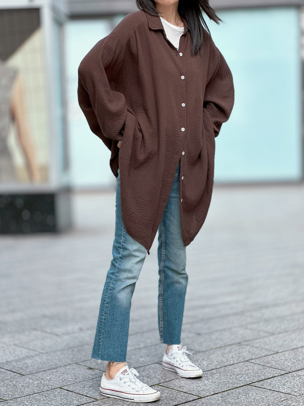 Blusa de muselina, oversize larga, 32 colores