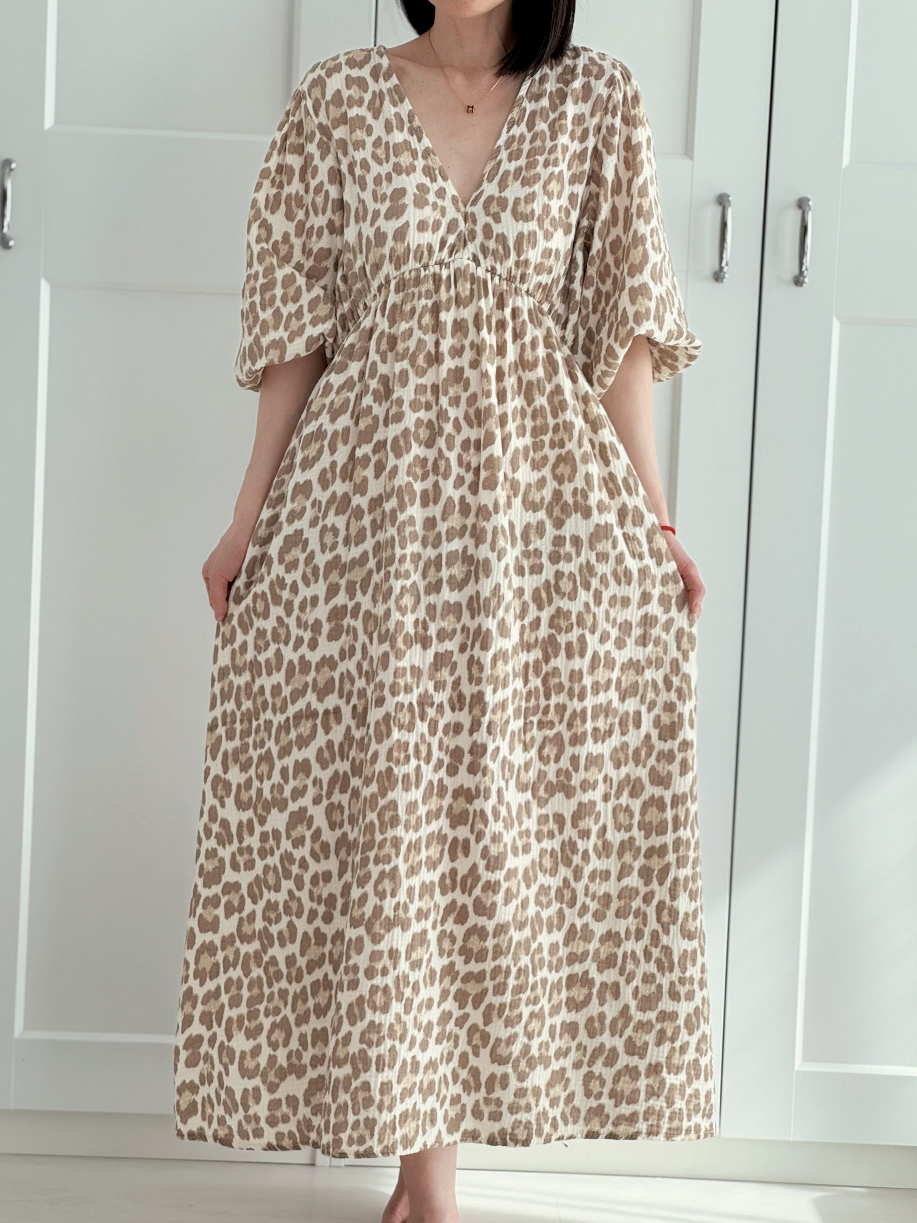 Vestido de Muselina, Espalda Descubierta, Beige-Leopardo