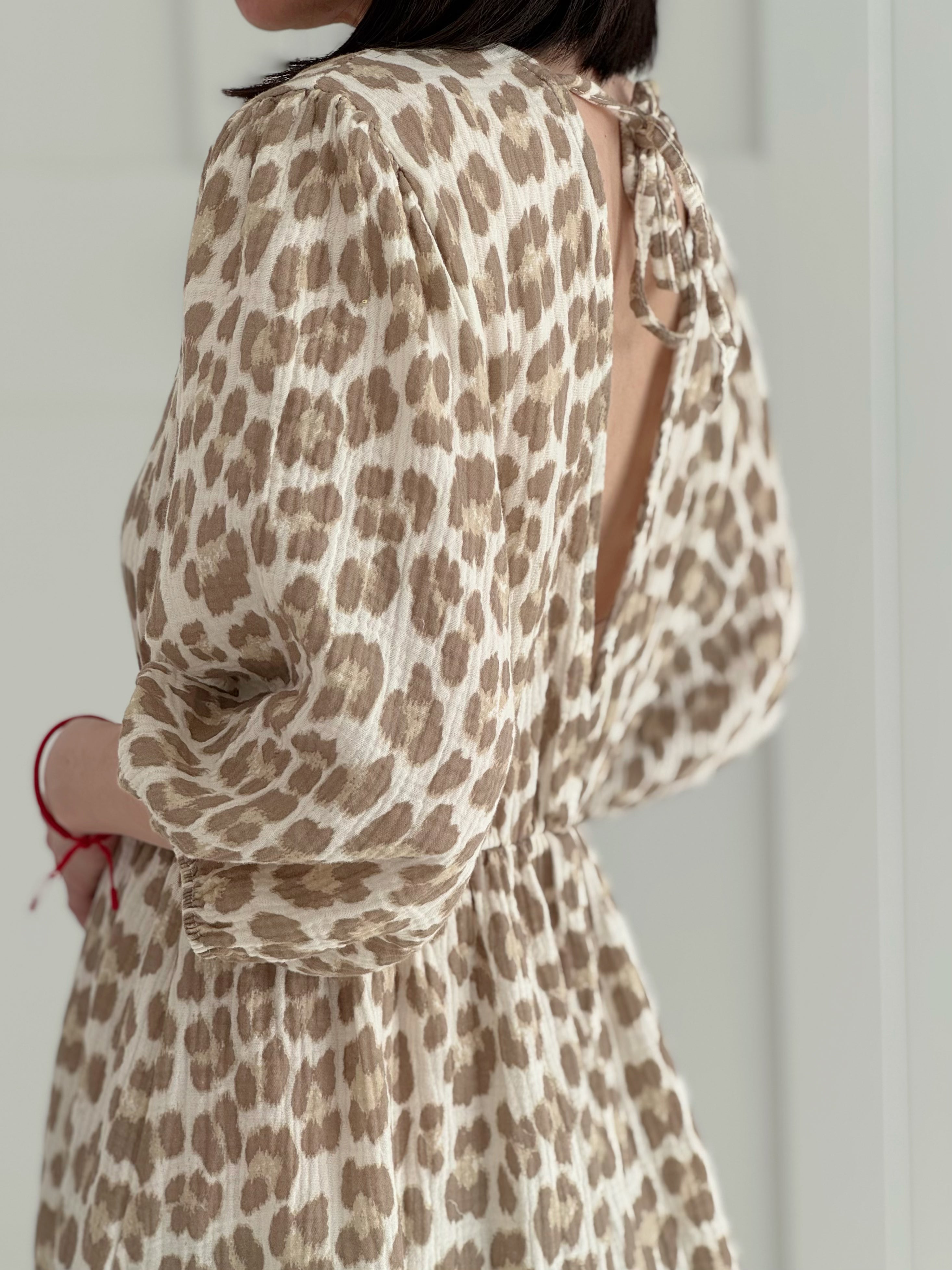 Vestido de Muselina, Espalda Descubierta, Beige-Leopardo