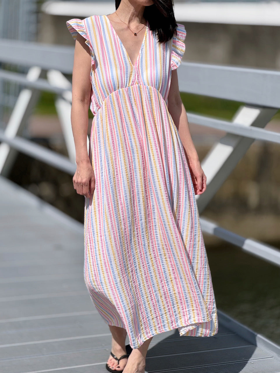 Vestido de Muselina, Espalda Descubierta, sin Mangas, Rayas Multicolor, Rosa