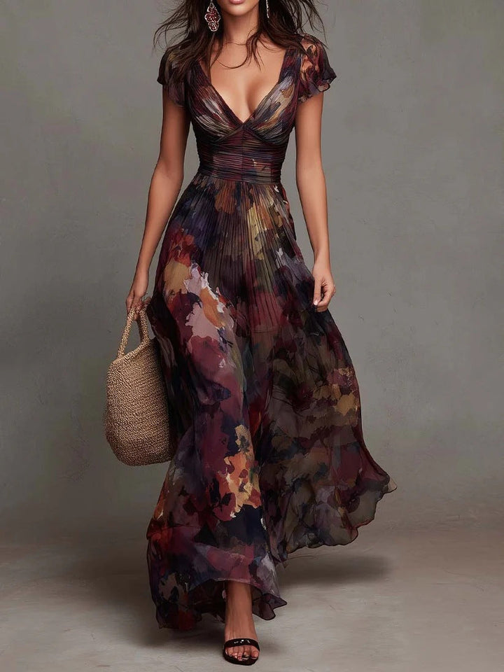 Camellia, Vestido Maxi Plisado con Estampado Acuarela de Zelira