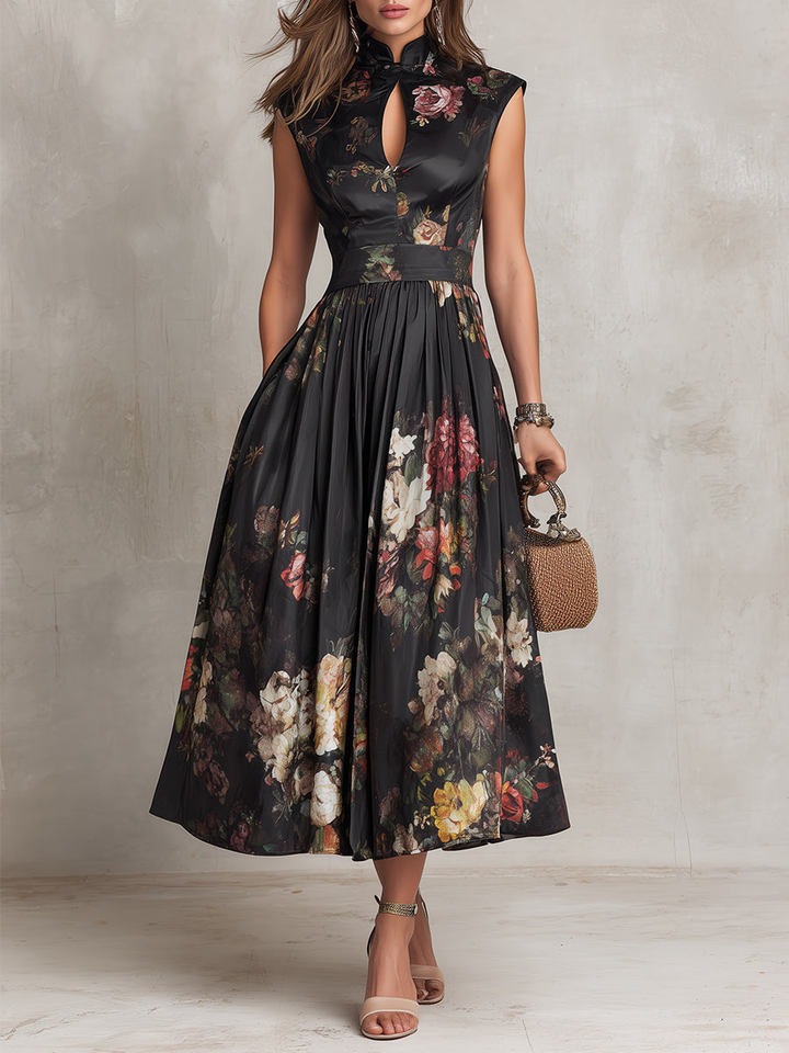 Vestido midi de satén plisado con cuello de abertura negro - Zelira
