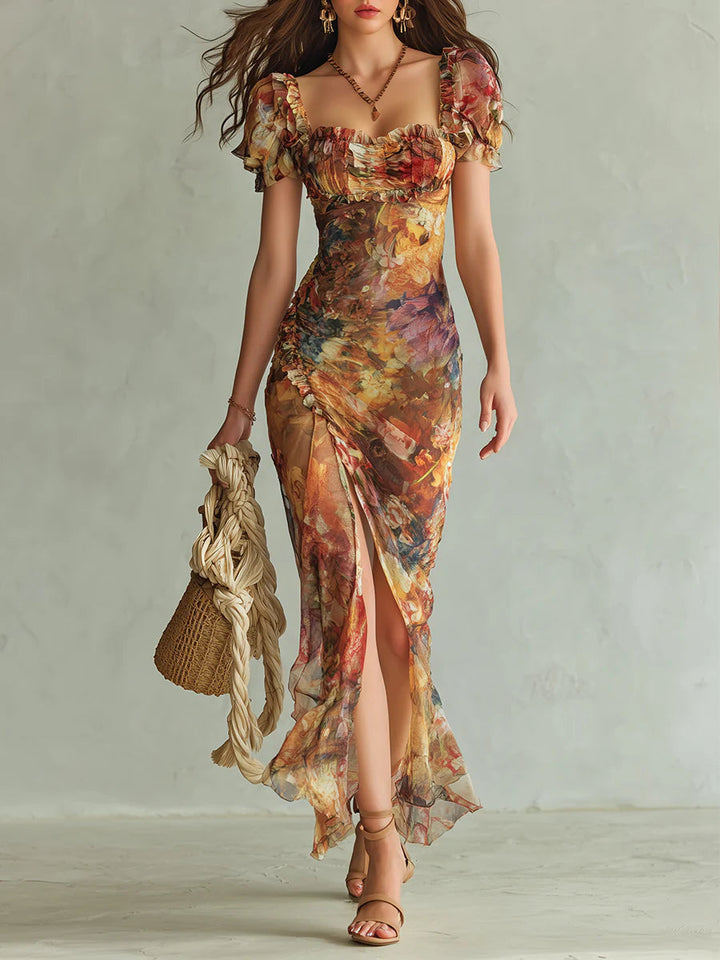 Vestido largo de gasa naranja bohemio con estampado de óleo sobre lienzo - Zelira