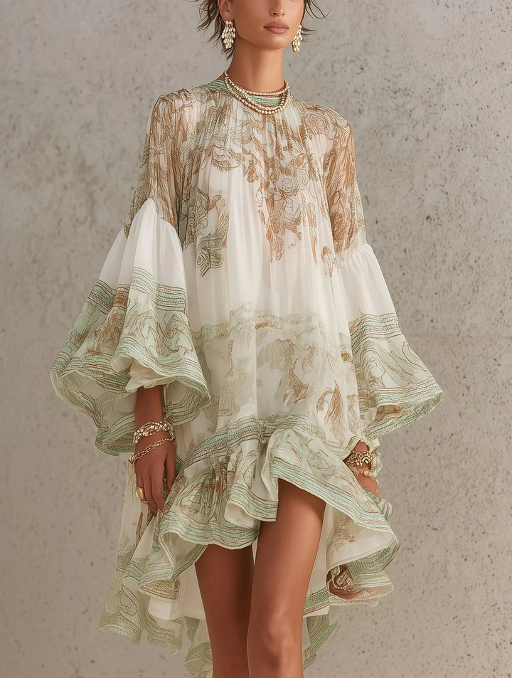 Vestido mini de gasa de rayas con mangas de volante verde - Zelira