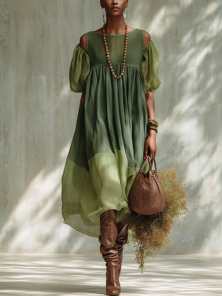 Vestido midi de gasa verde con hombros descubiertos y manga corta - Zelira