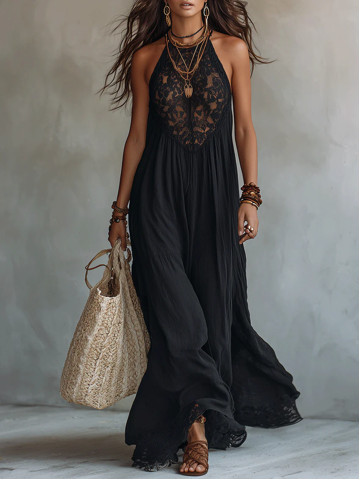 Vestido largo negro sin mangas con encaje bohemio - Zelira