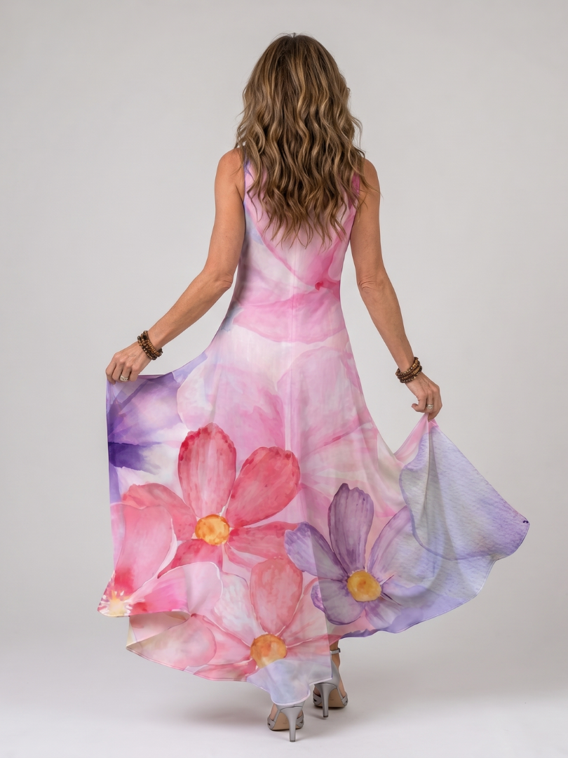 Amalia | Vestido midi floral sin mangas con falda fluida
