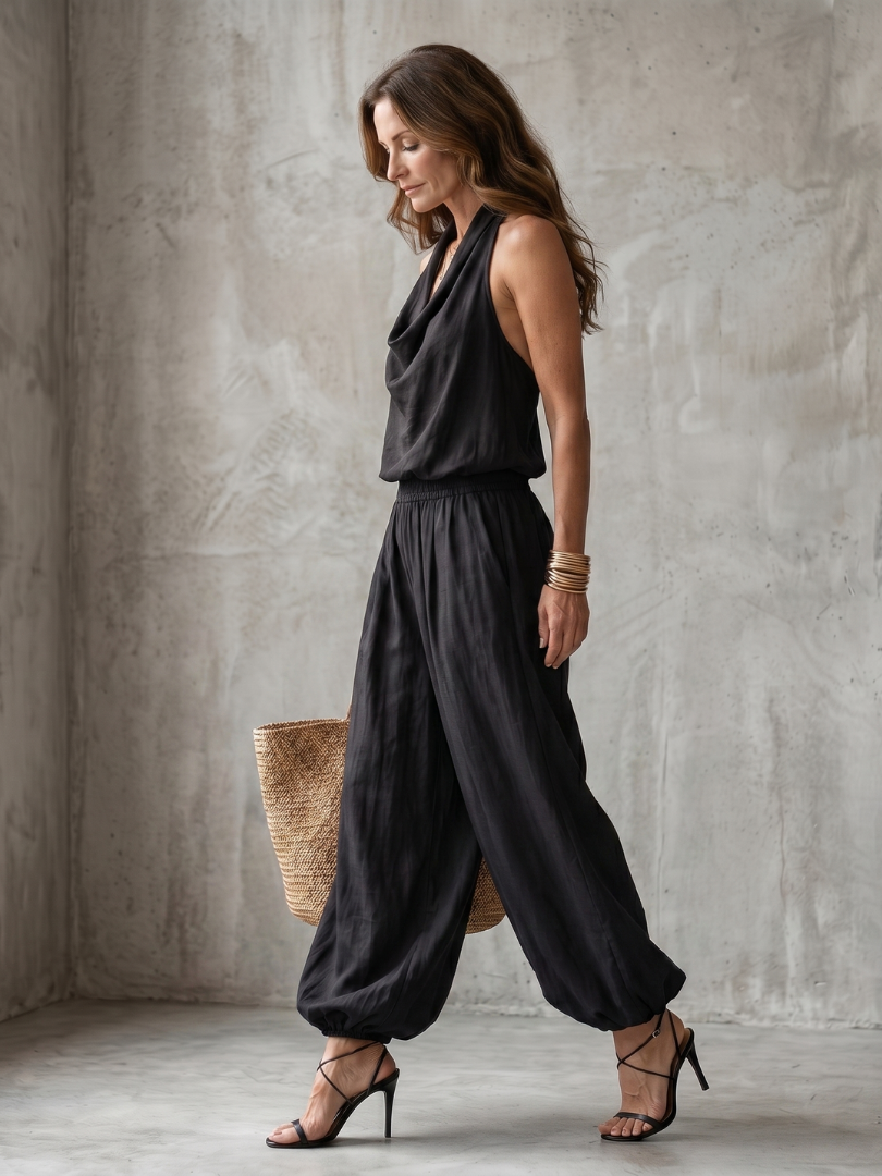 Astrid | Conjunto halter con top drapeado y pantalón ancho