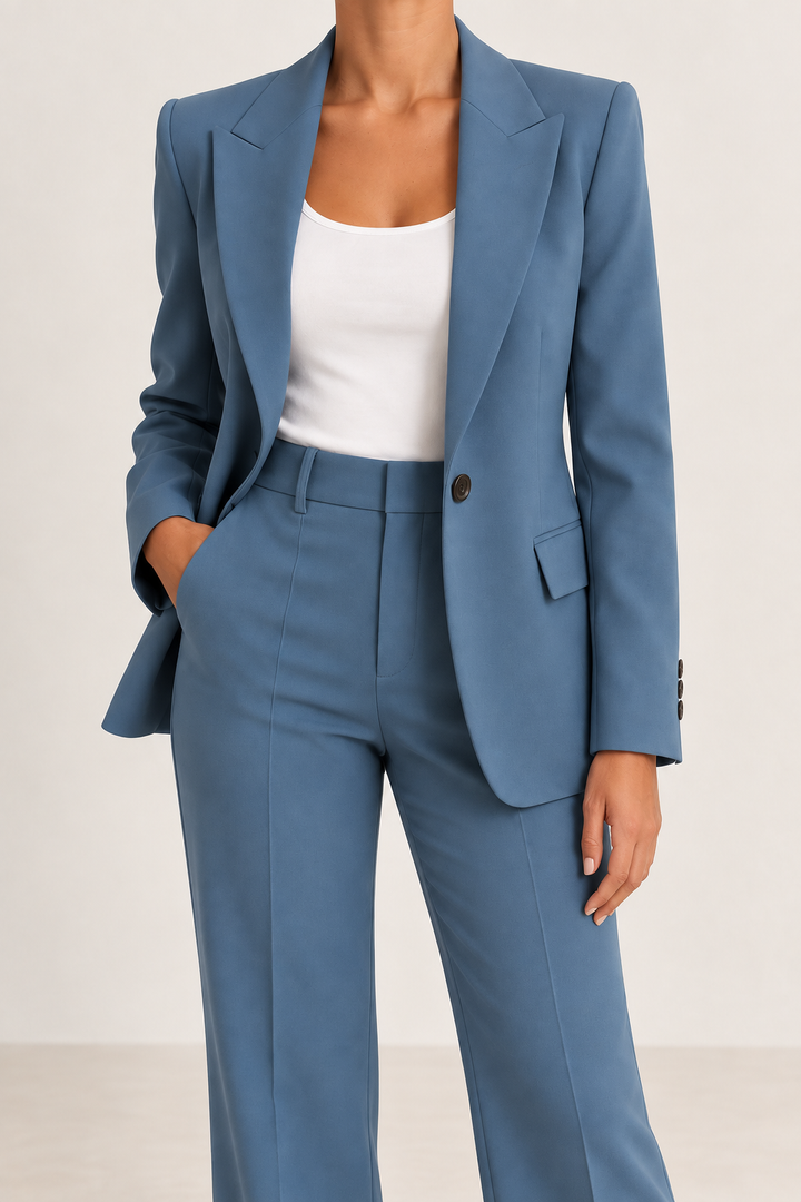 Patrizia, blazer entallado elegante de Zelira en color azul, detalle del tejido