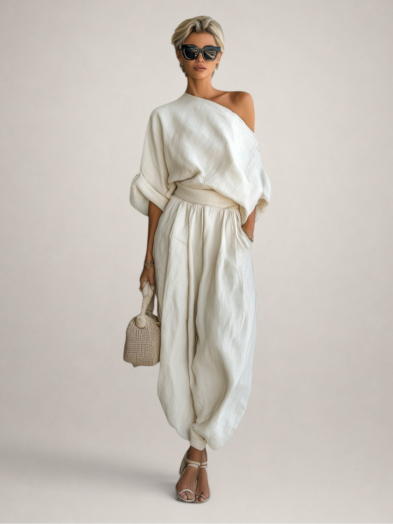Mila | Conjunto de lino con top off-shoulder y pantalón