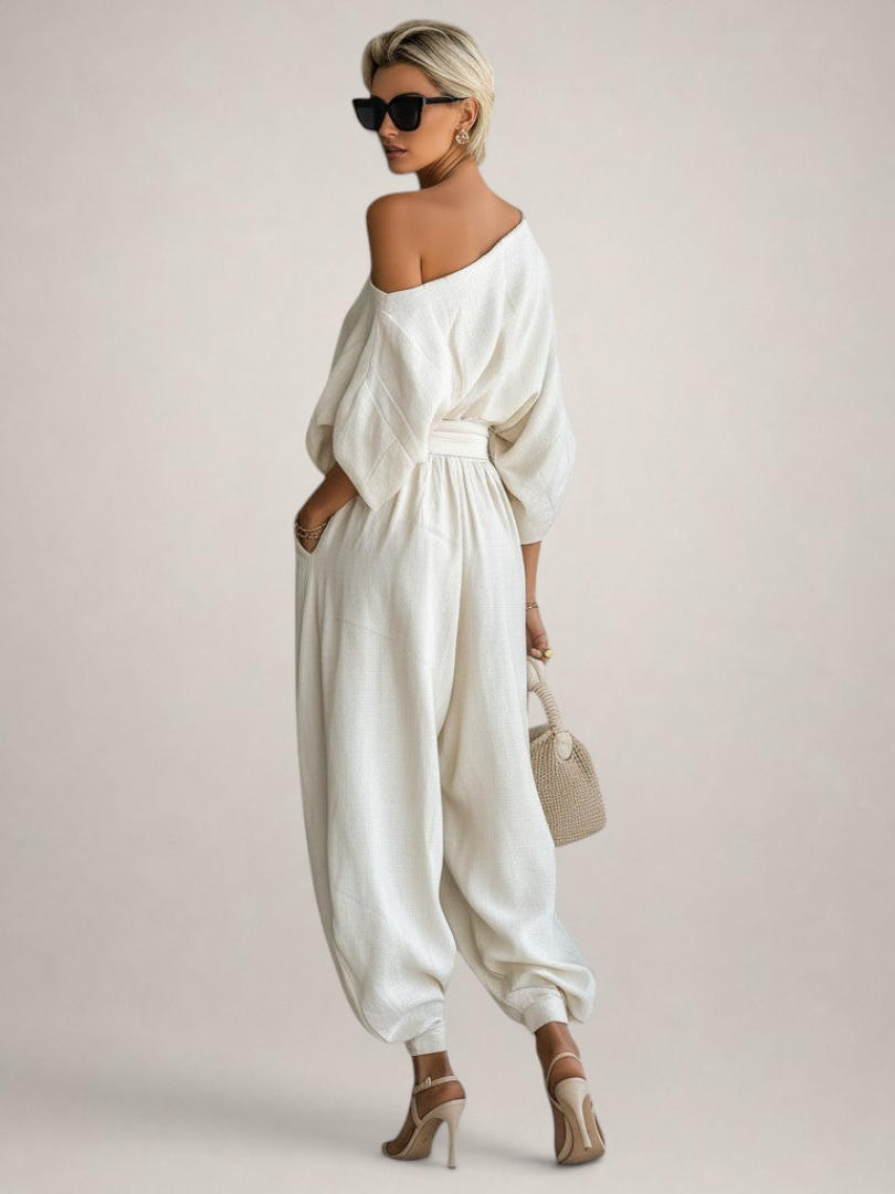 Mila | Conjunto de lino con top off-shoulder y pantalón