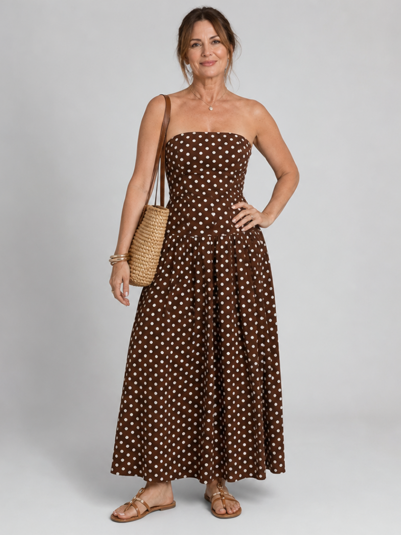 Carola | Vestido largo palabra de honor con estampado de topos