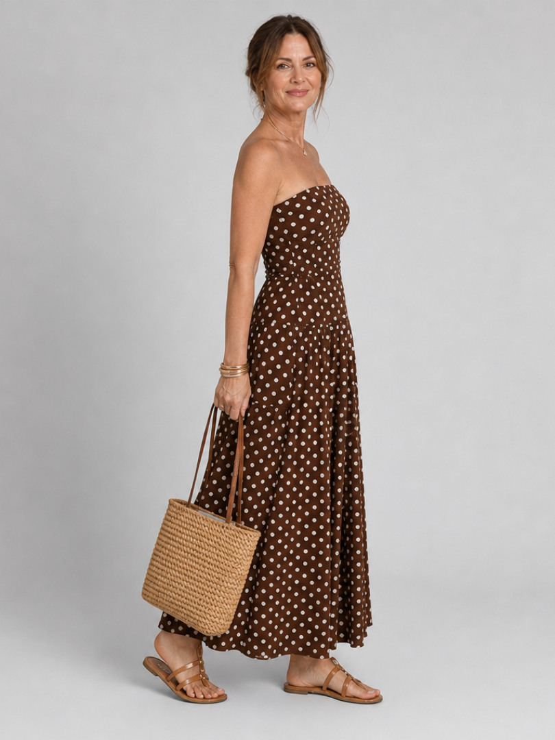 Carola | Vestido largo palabra de honor con estampado de topos