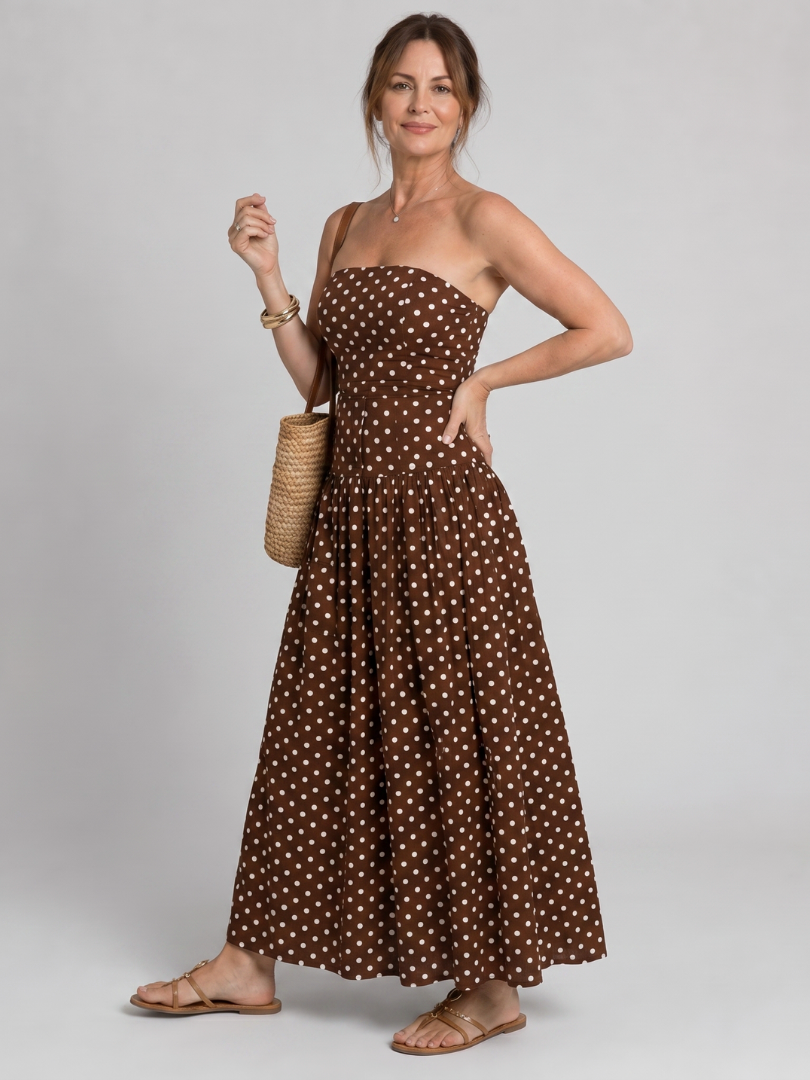 Carola | Vestido largo palabra de honor con estampado de topos