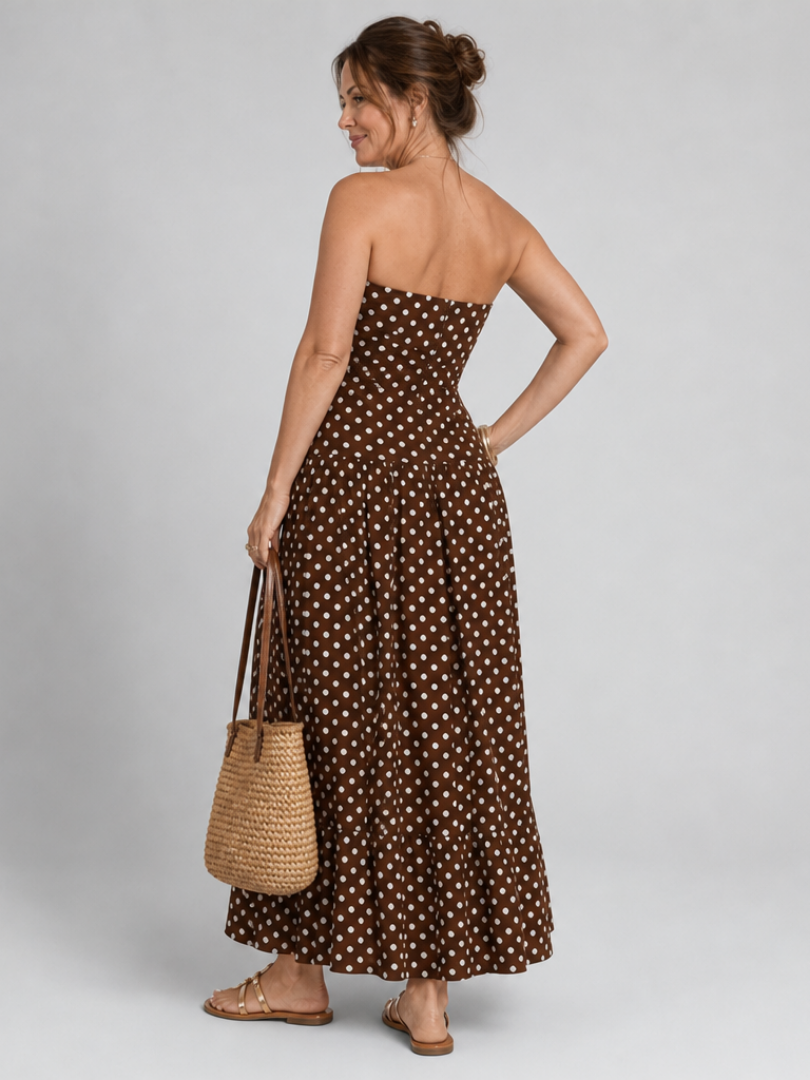 Carola | Vestido largo palabra de honor con estampado de topos